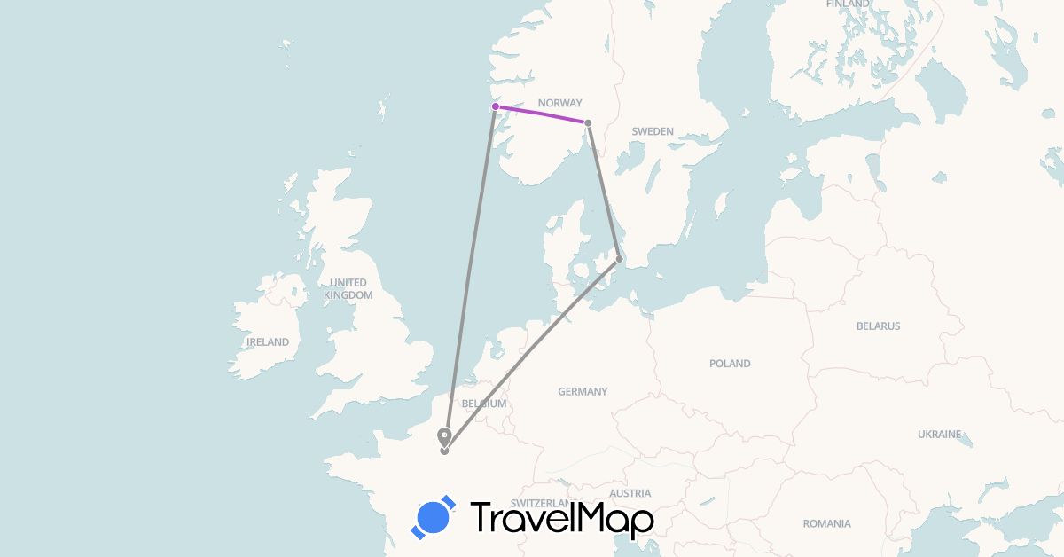 TravelMap itinerary: driving, plane, train in Denmark, France, Norway (Europe)